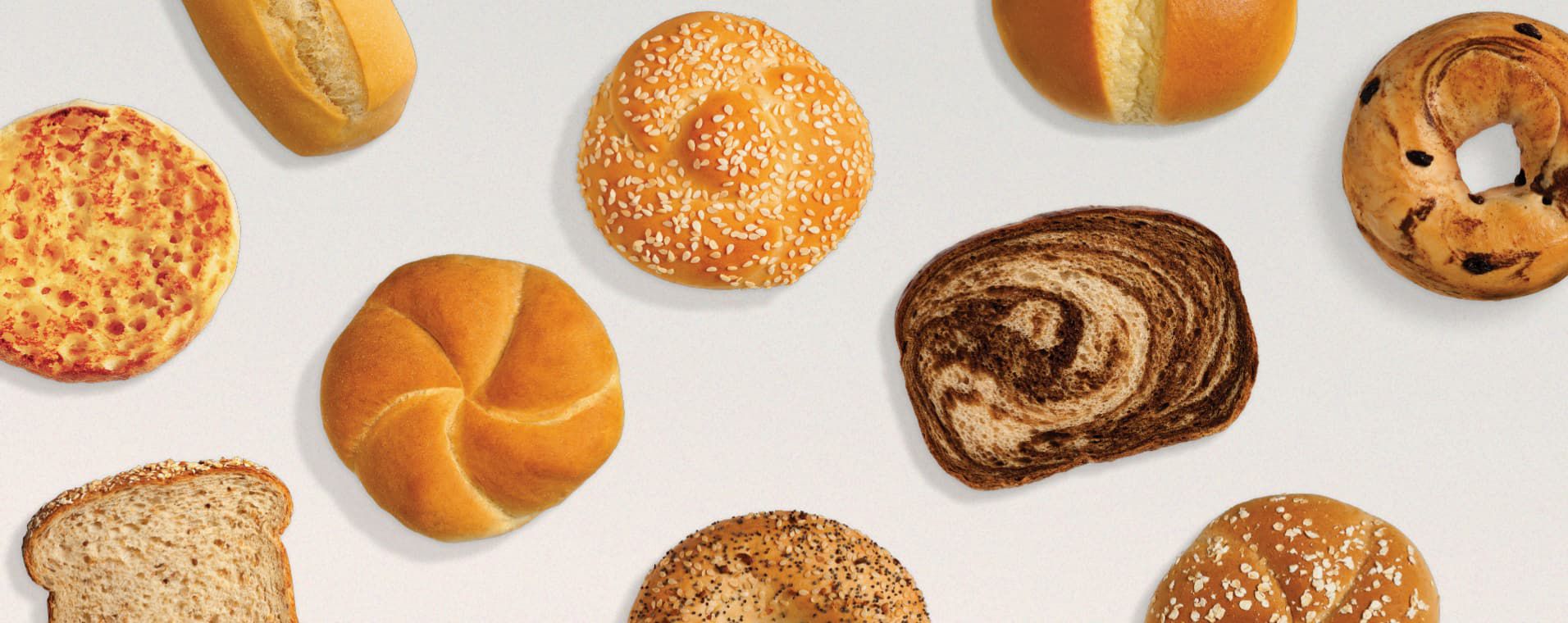 An assortment of breads, rolls, english muffins and bagels that H&S Bakery bakes in Baltimore, Maryland